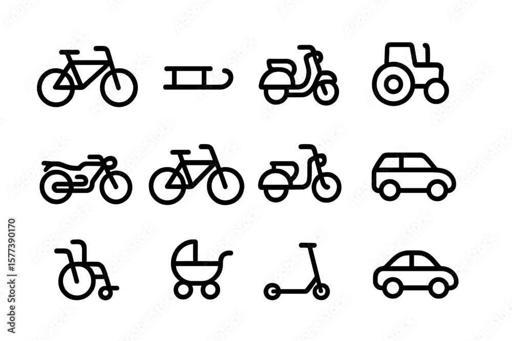 Naklejka premium Minimalistic black transport icons on dark gradient background for modern designs