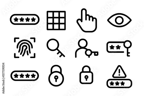 Security icons set: passwords, fingerprint, locks, and more in linear design