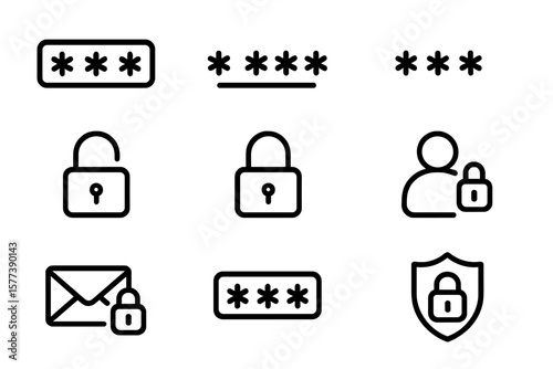 Minimalist security icons featuring passwords and locked elements on gradient background