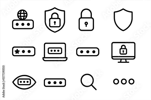 Cybersecurity icons: lock and password protection symbols in linear style