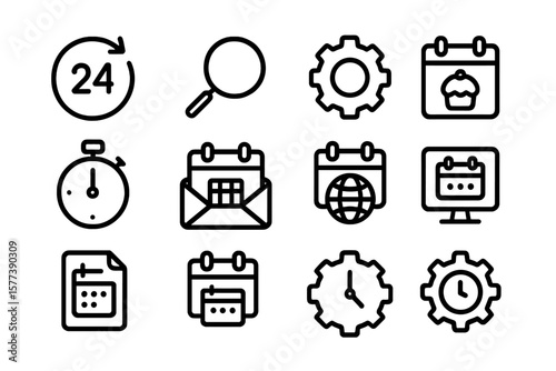 Minimalist black calendar and clockwork icons for digital planning and scheduling