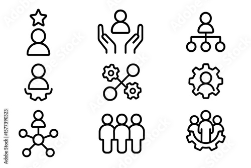 Minimalist icons representing teamwork, leadership, and collaboration concepts