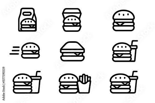 Minimalist black burger icons set featuring combos and fast food elements
