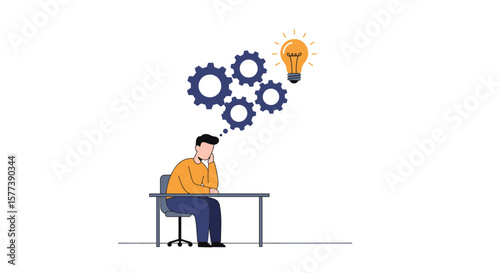 Thinking person at desk with gear clouds and light bulb idea concept