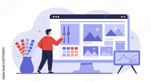 Design software interface with man adjusting settings on desktop