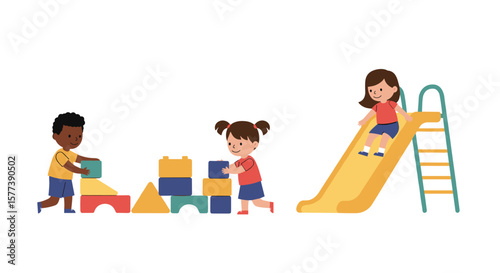 Children playing with blocks and sliding on playground