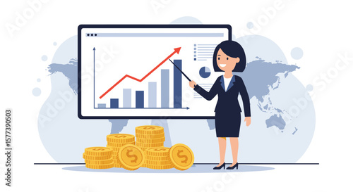 Businesswoman presenting growth chart with coins and world map