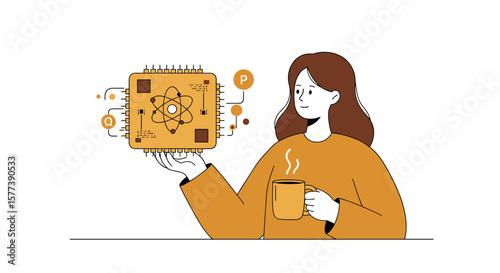Woman holding coffee contemplates quantum computing concept