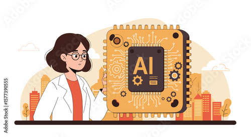 Woman engineer analyzing ai microchip in modern urban landscape