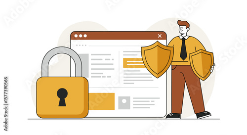 Cybersecurity concept with person and shields protecting online data in flat design
