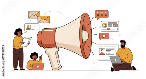 Digital marketing strategy concept with people and megaphone in modern flat style