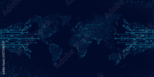 Digital world map of glowing dots or pixels. Futuristic blue circuits connecting across continents. Global connectivity with big data. Design for UI backgrounds or FinTech projects. Vector.