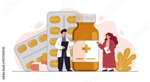 Healthcare professionals discussing medication pills and bottles in modern flat design