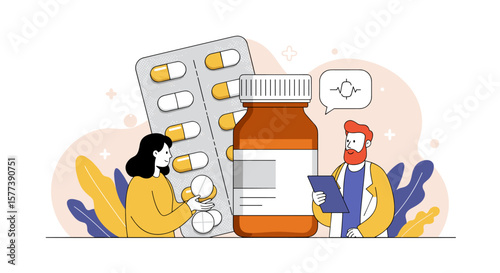 Healthcare concept with cartoon style medical consultation and medication