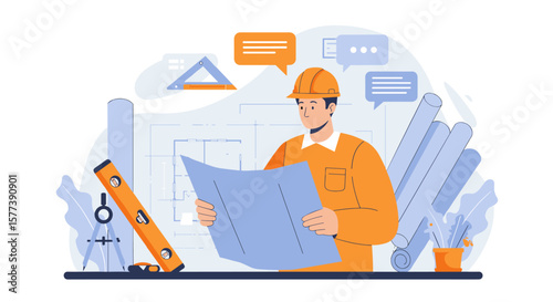 Architect reviewing blueprint with construction tools in modern workspace
