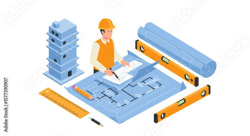 Isometric architecture planning scene with architect, blueprints, tools, and construction elements
