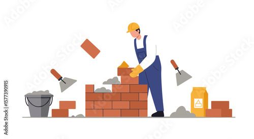 Bricklayer building wall with tools and cement in flat style