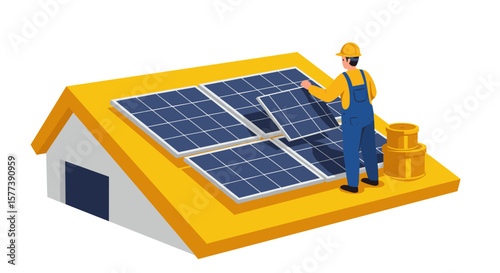 Worker installing solar panels on rooftop for sustainable energy solutions