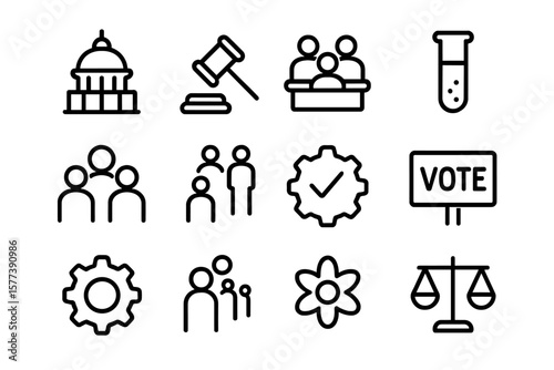 Political and legal icons set featuring scales, gavel, and voting symbols in line art style