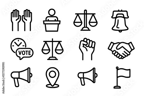 Minimalist icons for voting and justice themes in silhouette style