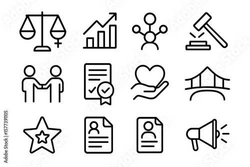 Legal and business icons set featuring scales, contracts, and more in linear design