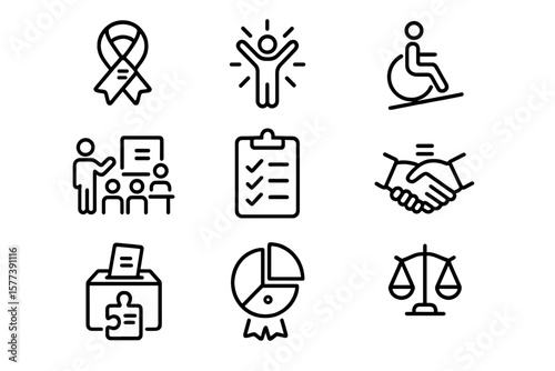 Outline icons of community support and inclusivity with dark background