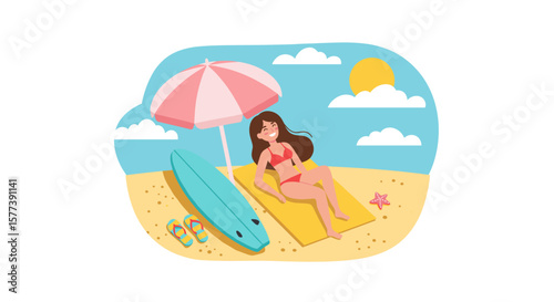 Summer beach relaxation with woman sunbathing under umbrella