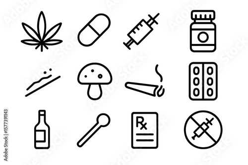 Dark themed drug icon set featuring substances and paraphernalia symbols