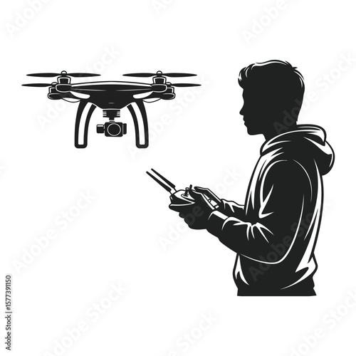 Drone operation silhouette vector illustration showing man piloting remote controlled quadcopter aerial photography