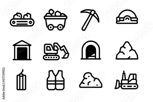 Mining industry icons: essential tools and equipment in simple line art