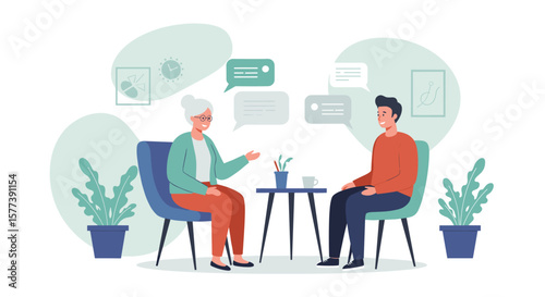 Intergenerational communication: elderly woman and young man engaged in dialogue in modern flat style