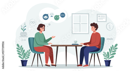 Counseling session with speech bubbles and emotion icons in flat style