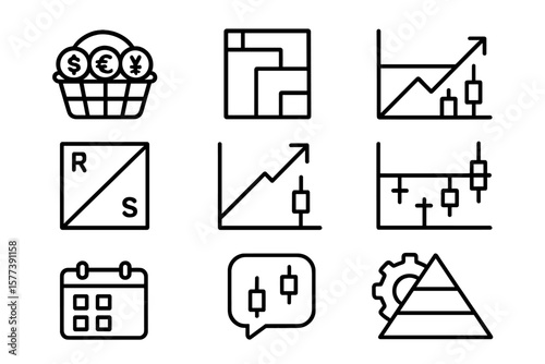 Minimalist icons depicting financial growth and analysis tools