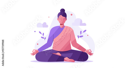 Tranquil meditation pose amidst soft pastel clouds and foliage