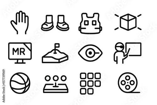 Minimalist virtual reality icons set in black line style