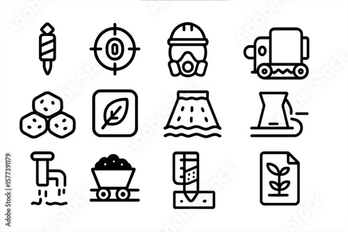 Industrial and environmental icon set featuring gas mask, mining, and pollution in linear style