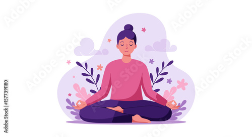 Peaceful meditation woman in pastel floral setting for mindfulness and calm