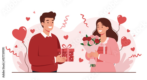 Romantic couple exchanging gifts with balloons and heart decorations in flat style