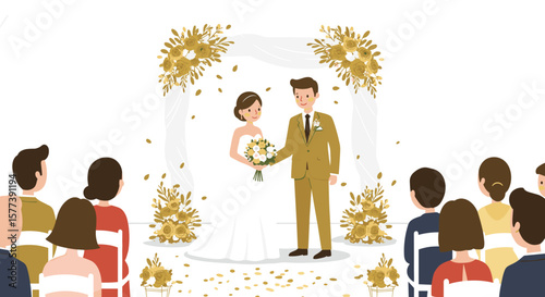 Elegant wedding ceremony with bride and groom under floral arch and guests