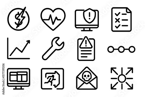 Linear black icons: technology, health, and data security symbols on dark background