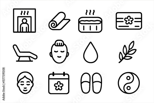 Linear spa and wellness icon set featuring relaxation and therapy elements