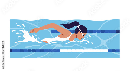 Female swimmer freestyle stroke in pool with blue water