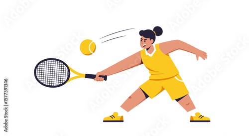 Female tennis player in yellow outfit hitting ball with racket illustration