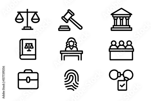 Legal icons set: justice, crime, and court symbols in simple black style