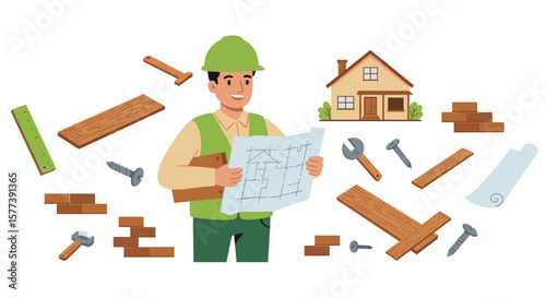 Construction worker holding blueprint surrounded by tools and materials for building a house