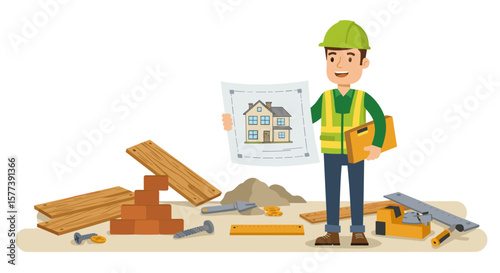 Architect plans construction project with tools and materials in cartoon style