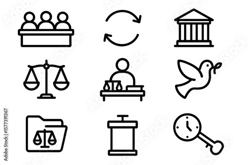 Legal icons set featuring court, justice, and law symbols in minimalistic design