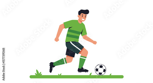 Cartoon football player kicking soccer ball on white background