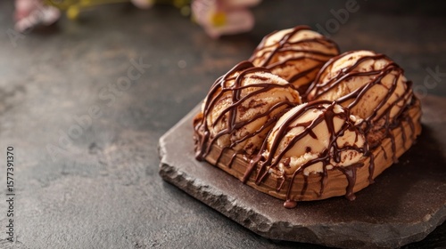 Creamy Hazelnut Praline Ice Cream with Chocolate Drizzle on Slate