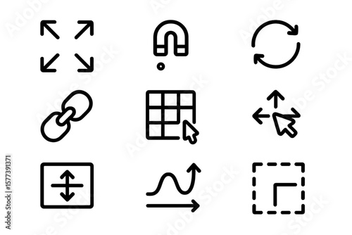 Set of linear icon collection featuring arrows, magnet, and grid